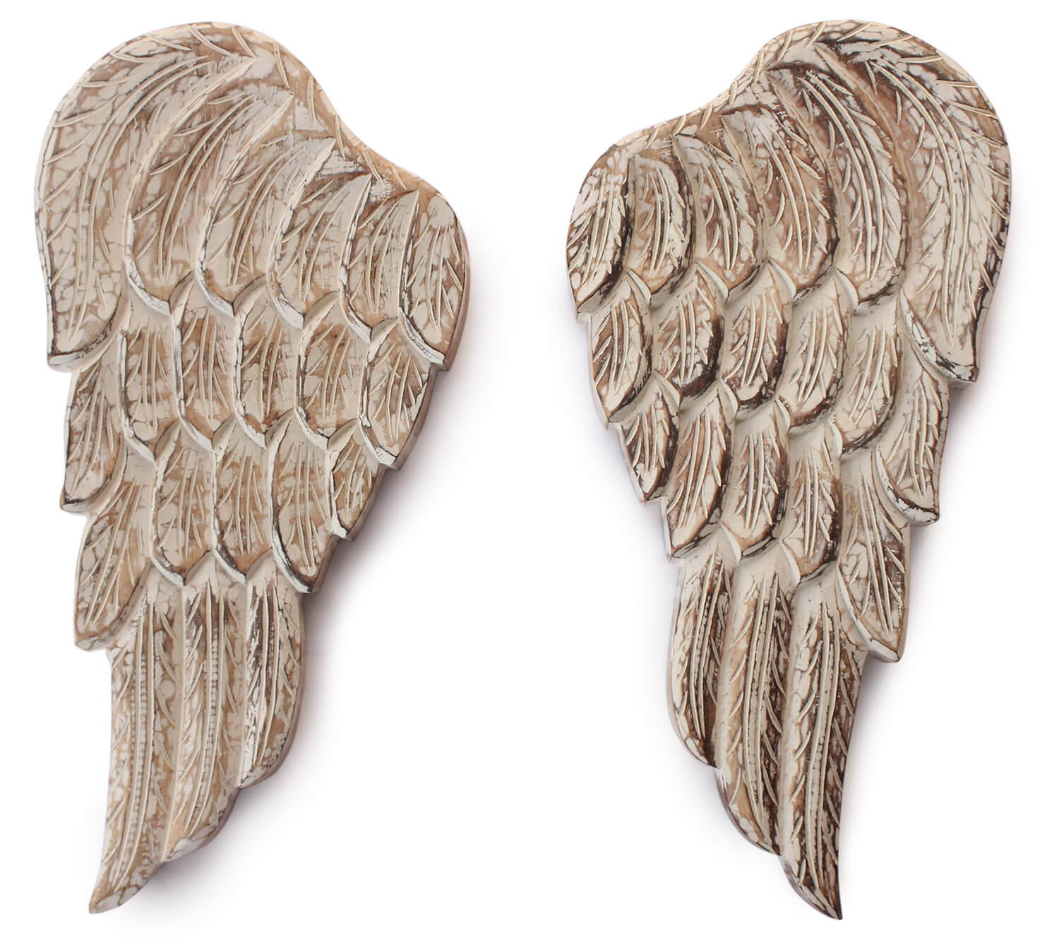 20 Inch Large Wall Mounted Hanging Angel Flying Wing Pair in Wood With White Wash Finish Great for Home Decorations and Accents